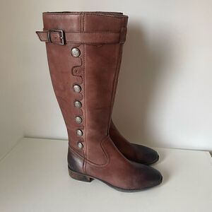 Arturo Chiang Knee High Brown Leather Riding Boots Size 6.5 Buttons Zip Up